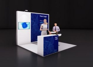 Modern exhibition booth with branding and interactive display.