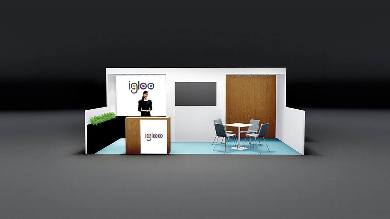 Modern exhibition booth with branding and seating area for engaging experiences.