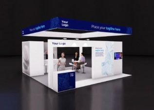 Modern exhibition booth with branding and digital displays for engaging visitors.