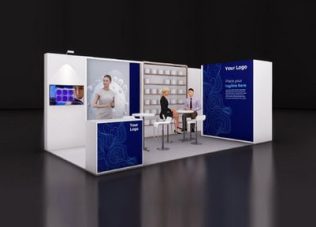 Modern exhibition booth with digital displays and interactive elements.