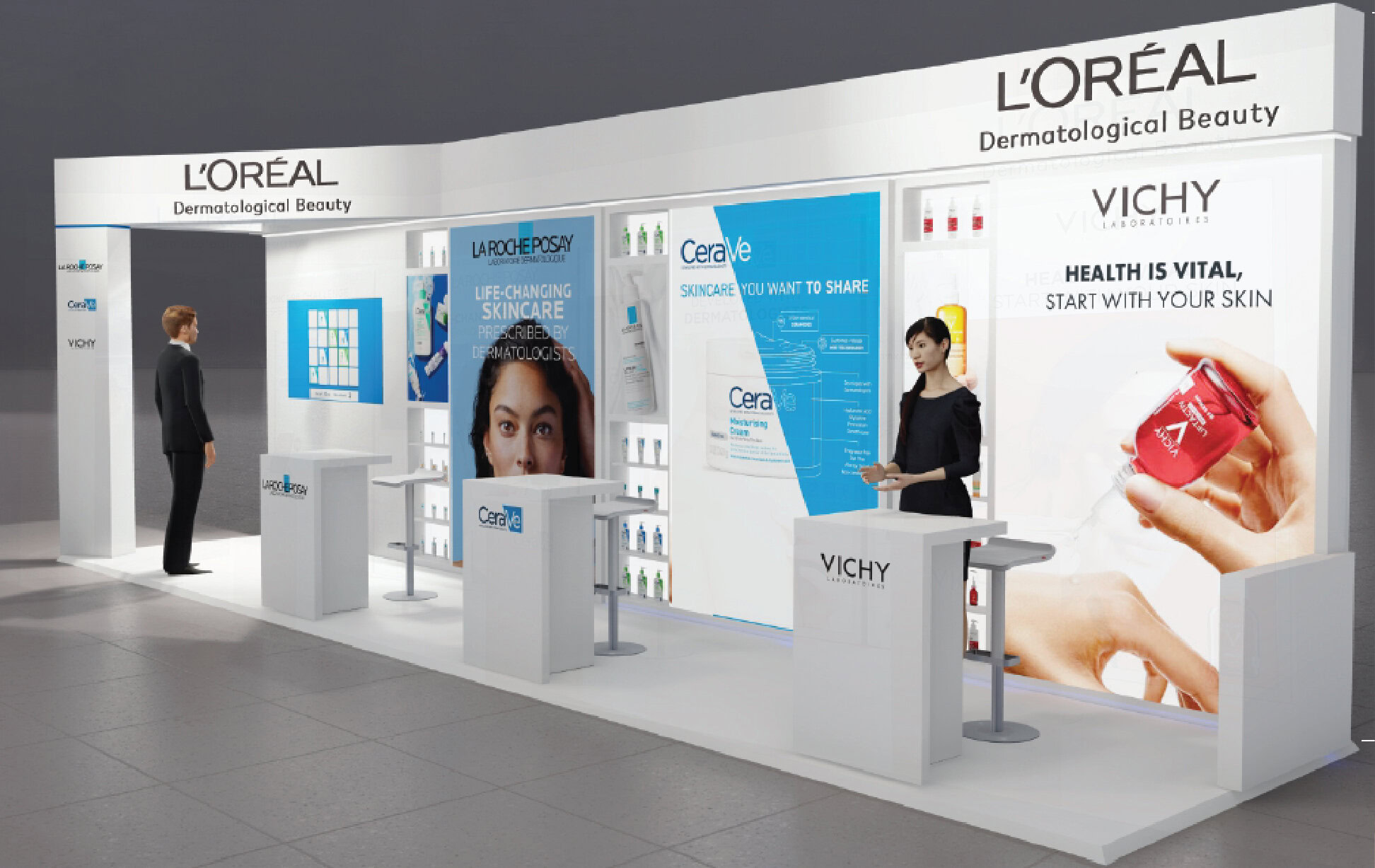 Modern exhibition booth showcasing L'Oréal and Vichy skincare products.