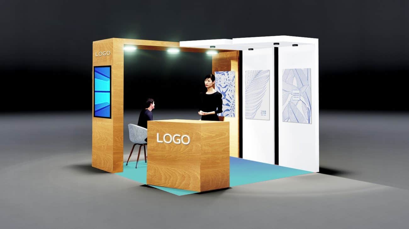 Modern exhibition booth with digital displays and branding elements.