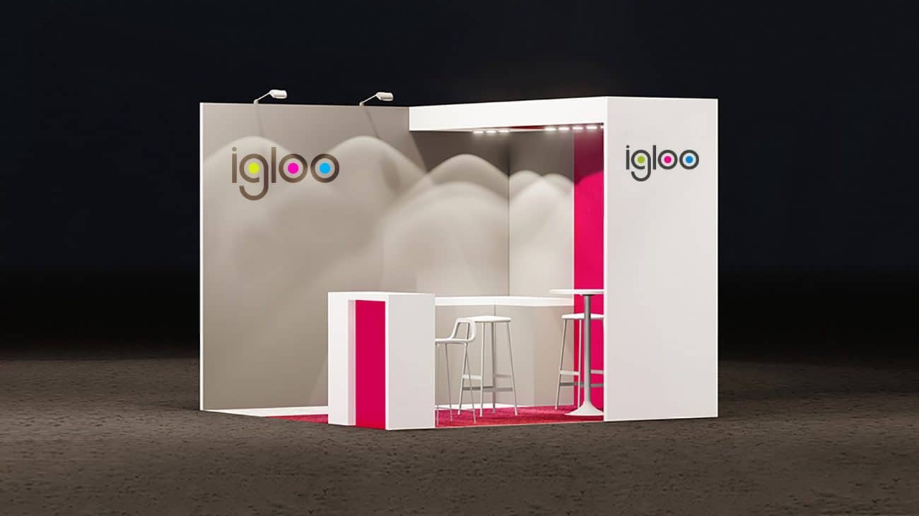 Modern exhibition booth with branding for igloo at event.